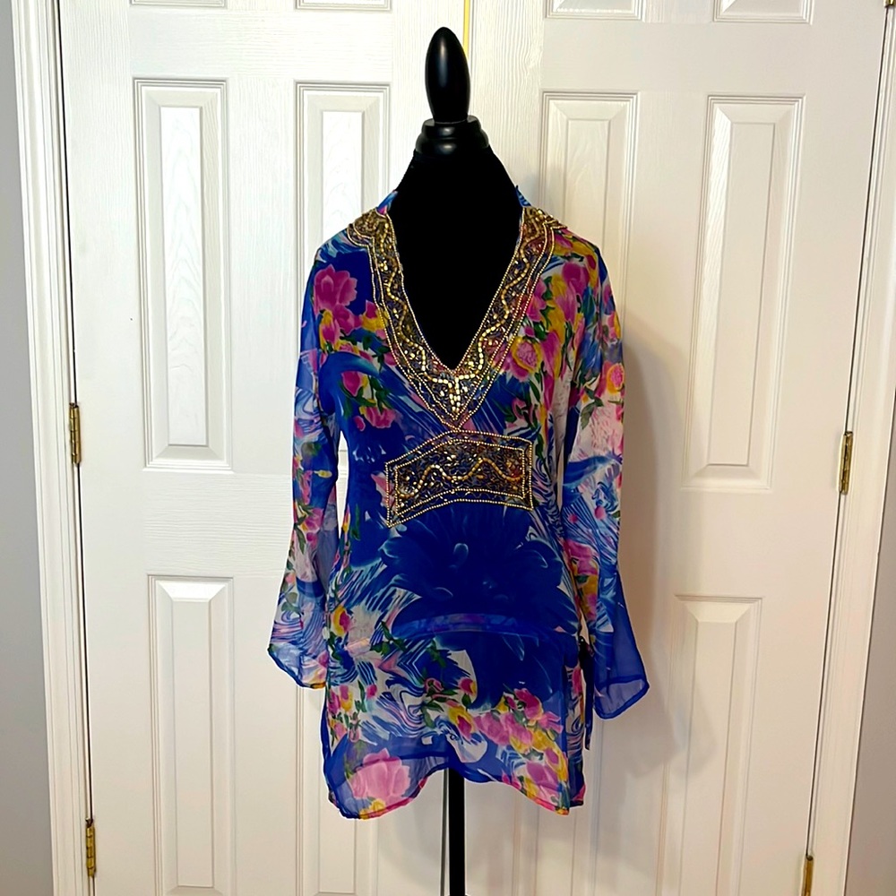 Custom Made Indian Style Blue Floral Tunic - Fits Size Small to Medium